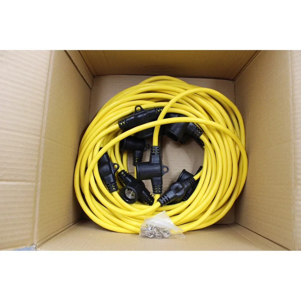 Power Phase Light String 100ft Yellow Temporary Outdoor 12/3 AWG 10 Socket